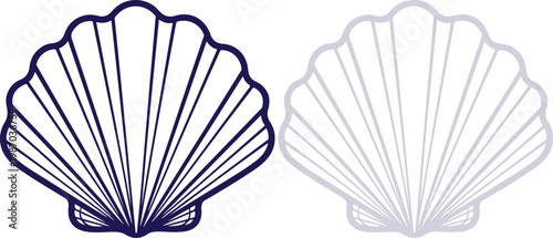Dark Blue and Light Grey Scallop Shells Outline Vector Illustration Isolated on White