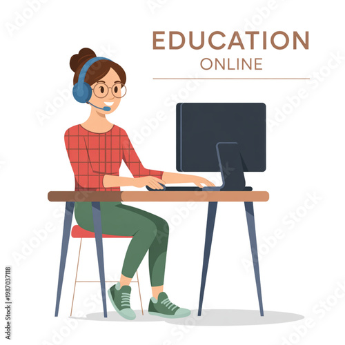 Young woman using headset and computer for online education, distance learning, and remote student webinar training