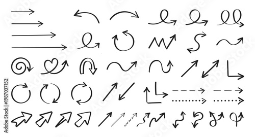 Hand Drawn Arrow Icons Bundle, Doodle Curved Spiral Direction Arrows, Scribble Pointer Symbols, Social Media Design Elements Vector Set
