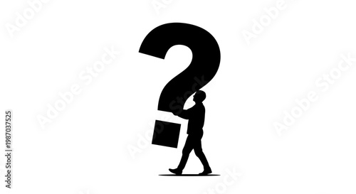 Silhouette of person walking with a large question mark
