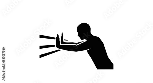 Silhouette of a person reaching out to touch or push forward a series of horizontal lines