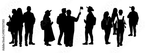 Guided tour group set with solid black icon on white background featuring icon, tour, group with black and white and travel