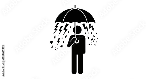 Silhouette of person holding umbrella in rain with lightning strikes illustration
