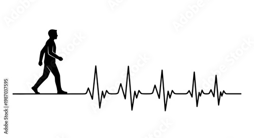 Silhouette of person walking with heartbeat line representing health and activity monitoring
