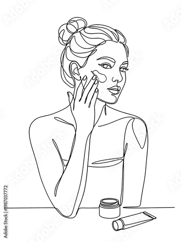 Angled Line Art Illustration of Woman at Vanity with Cosmetics
