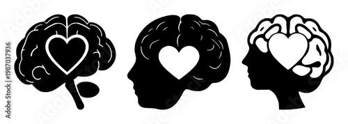 Mental health brain with heart set with solid black icon, white background featuring mental health, heart, icon design with illustration and vector