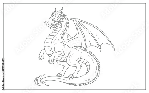 Dynamic outline of a powerful dragon standing tall with wings extended, showcasing its majestic and intimidating presence.
