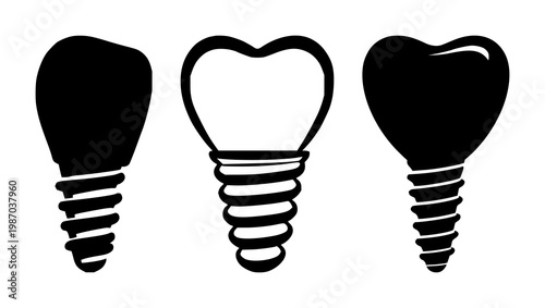 Dental implant set with a solid black icon featuring artificial tooth, dental prosthetics, oral surgery with dentistry and stomatology