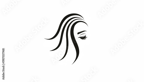 Hair woman silhouette icon with long flowing strands and side eye lash detail for beauty branding featuring glamour, hairstyle, feminine with lashes