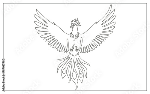 Stylized line art of a phoenix with its magnificent wings spread, a symbol of hope, resurrection, and eternal life.