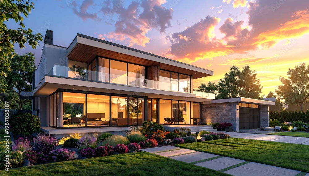 Fototapeta premium Modern house with large windows during sunset, featuring a lush garden and clear sky