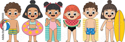 Cute diverse children group in swimwear with beach accessories surfboard ball watermelon and swim ring for summer vacation holiday vector.