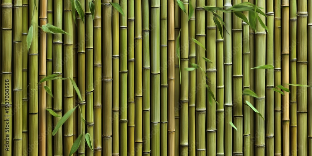Fototapeta premium Stylish Bamboo Fence Design Surrounded by Lush Greenery, Showcasing Asian Cultural Aesthetics