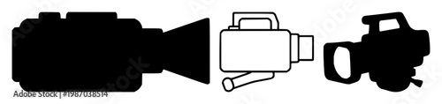 Video camera set with solid black icon on white background featuring icon, design, illustration with technology and media