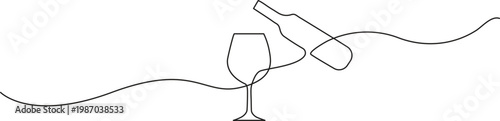 Continuous line one drawing of wine bottle with wineglass. Minimalist linear sketch of alcohol drink in glass and bottle. Vector outline illustration wine bottle glass line continuous black one line 