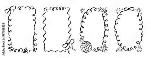 Elegant ribbon frames with wavy borders perfect for bachelorette party invitations, wedding signage. Festive celebration designs with decorative bow, disco ball, twinkles retro charm. Vector frame.