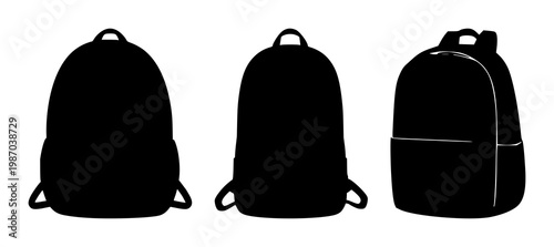 School backpack set with solid black color and silhouette design featuring schoolbag, knapsack, rucksack with education and accessories