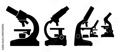 Microscope icon set with solid black color and simple silhouette design featuring laboratory equipment, scientific instrument, optical device with research and education