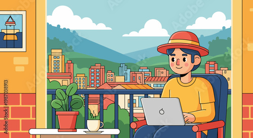 Relaxed individual working remotely on a sunny balcony overlooking a vibrant cityscape, embodying modern flexible work-life balance. Vector illustration