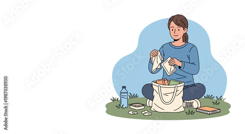 Vector illustration Woman on grass packing reusable eco-friendly tote bag for sustainable outdoor picnic, promoting zero-waste lifestyle choices