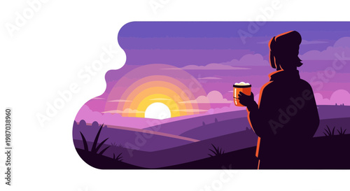 Beautiful Vector illustration A solitary silhouette watches a magnificent sunrise or sunset over rolling hills, holding a warm mug, capturing a serene and tranquil moment