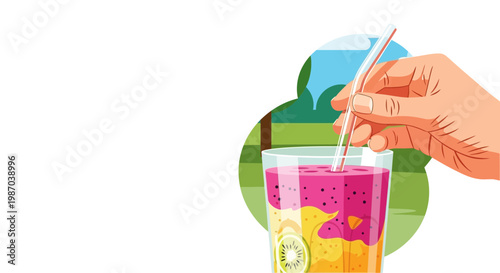 Refreshing and vibrant layered fruit smoothie drink held by a hand with a straw, perfect for a healthy summer beverage. Flat style vector illustration promoting wellness and fresh nutrition