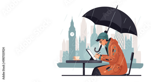 Vector illustration of a person working on a digital tablet under an umbrella on a rainy day in London, showcasing urban creativity and iconic city architecture