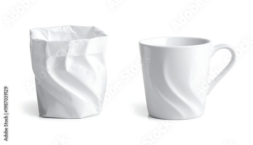 A side-by-side composition featuring a textured, crumpled white paper vessel and a smooth, white ceramic mug, both with similar flowing, wavy designs
