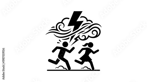 People Running Away From Thunderstorm Silhouette Icon