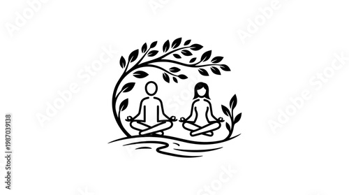 Meditating Couple Under a Tree Peaceful Life Concept