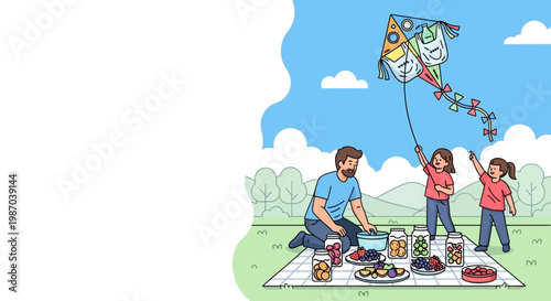 Happy family enjoying a summer picnic in a park, flying a colorful kite together on a sunny day. Vector illustration of outdoor leisure with father and daughters