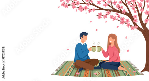 Vector illustration A romantic spring picnic unfolds with a loving couple under a vibrant cherry blossom tree, sharing warm drinks and creating joyful outdoor memories together