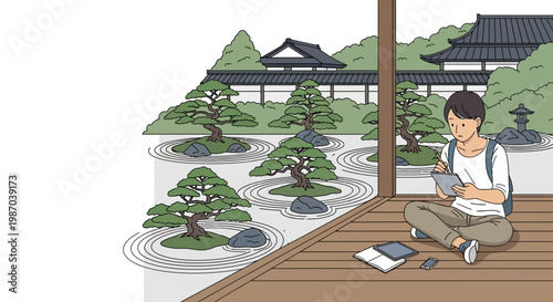 Vector illustration of a person on a veranda overlooking a serene Japanese zen garden, connecting modern lifestyle with ancient cultural tranquility