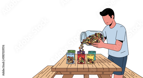 Vector illustration Man sorts colorful healthy snacks. Portions nuts, seeds, and dried fruits from jar into containers on wooden table