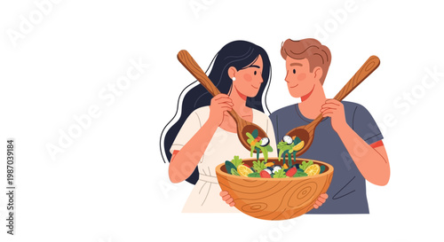 Happy couple preparing fresh healthy salad together in a wooden bowl, enjoying nutritious meal preparation. Vector illustration of a man and woman mixing greens for a balanced diet