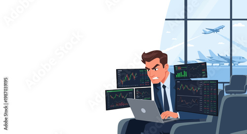 Vector illustration of an angry stock trader managing multiple screens with financial charts at an airport lounge, highlighting stress in global business finance
