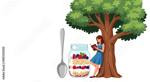 Vector illustration A woman reads under a green tree, enjoying a healthy berry parfait in a jar with a spoon. A serene scene of outdoor relaxation