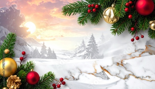 Snowy landscape with sunlit sky, festive decorations, fir branches, and a marble surface in foreground