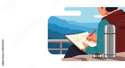 Outdoor creative escape tranquil vector illustration of person sketching mountain views, enjoying peaceful inspiration with thermos