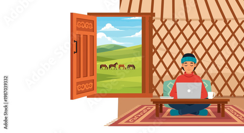 Vector illustration of a person working remotely on a laptop inside a traditional yurt, blending heritage with modern life