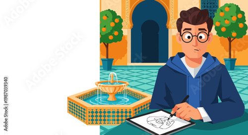 Creative person drawing on a tablet in an inspiring courtyard setting, symbolizing digital artistry and imagination in a vibrant vector illustration