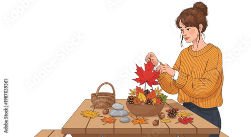 Woman creating a lovely autumn table centerpiece with vibrant fall leaves and natural elements on wood, a delightful Vector illustration
