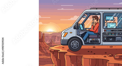 Vector illustration of a modern digital nomad working remotely from a converted van, enjoying the freedom of a scenic desert landscape at a beautiful sunset