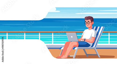 Vector illustration of a digital nomad working remotely on a laptop from a cruise ship, embracing a flexible work-life balance and serene ocean views