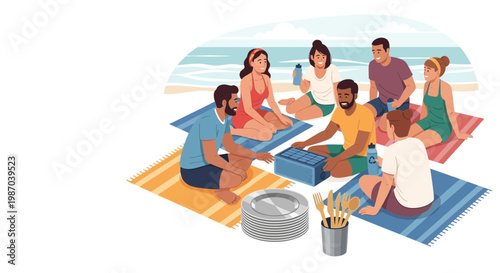 Joyful vector illustration depicting diverse friends on a summer beach picnic, enjoying good times and sharing food by the ocean. Outdoor gathering