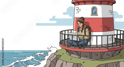 Vector illustration of a female digital nomad working remotely on a laptop from a serene lighthouse balcony, showcasing a modern, flexible, and connected lifestyle