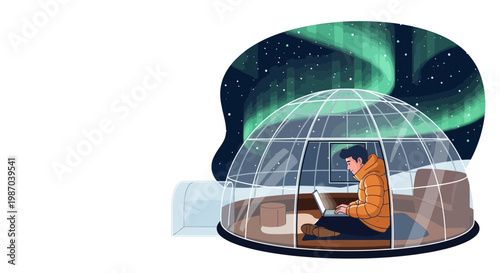 Vector illustration Digital nomad works on laptop in a glass igloo, beneath the Northern Lights. Remote productivity and unique travel combine