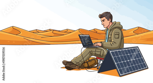 Vector illustration A digital nomad works on a laptop in the desert, powered by a solar panel, showcasing sustainable technology and remote productivity
