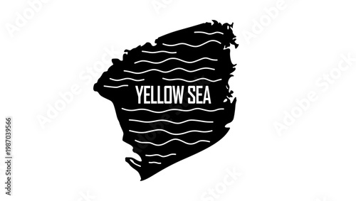 Yellow Sea Outline Map, black isolated silhouette