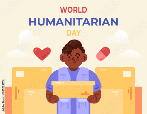 International Humanitarian Day. Concept of donation, charity, alms. Illustration of male volunteers carrying and delivering aid or donation boxes. Providing aid and assistance. Solidarity